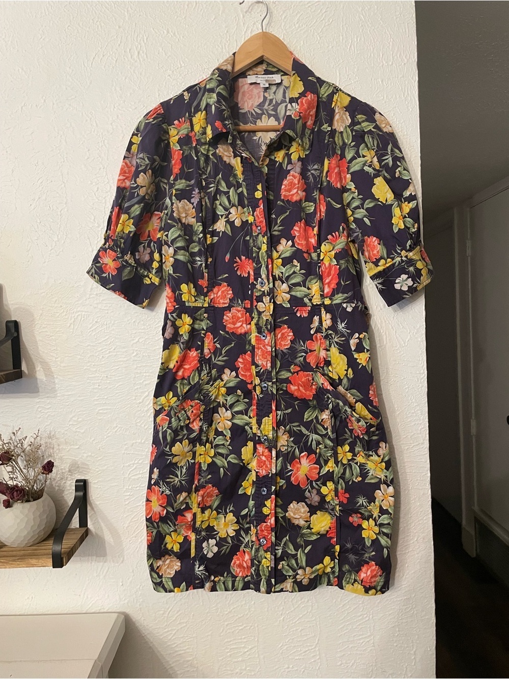 Marissa Webb Navy Tie-Waist Mini Multi Floral Printed Puff Sleeve Dress Size 10 - Picture 4 of 10